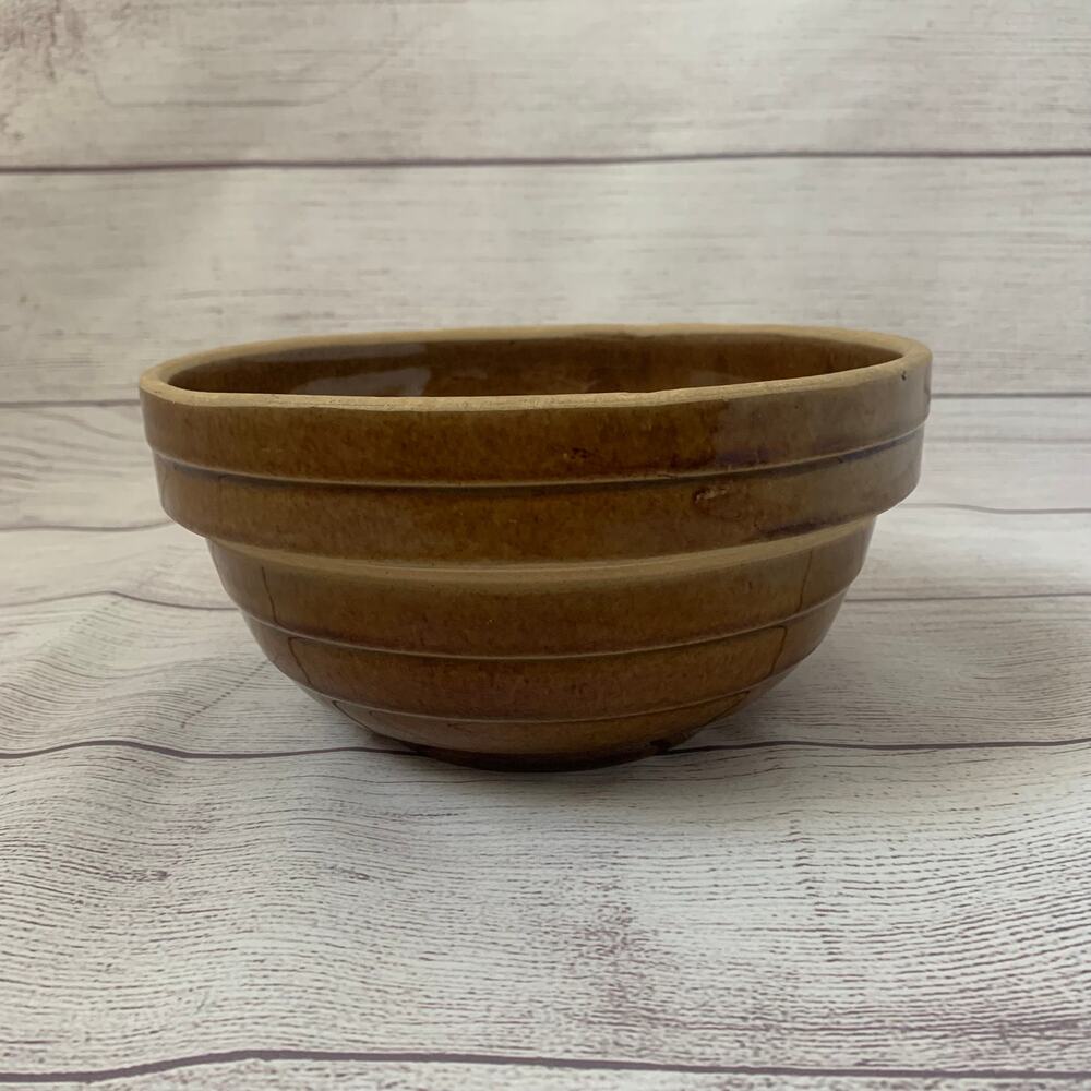 Vintage Brown Stoneware Beehive Mixing Bowl USA 8" Ribbed Nesting Crock Pottery